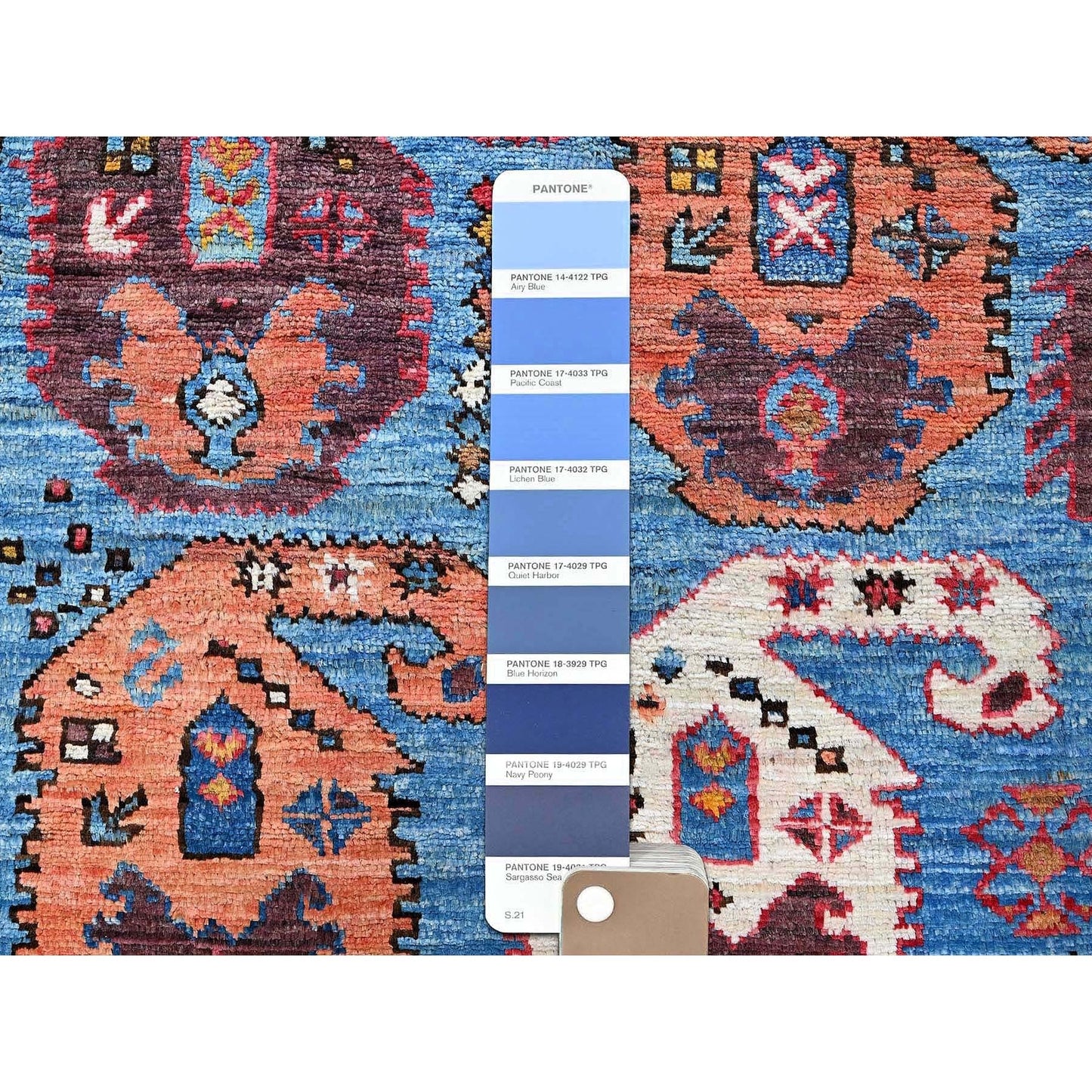 4'5"X5'10" Blue Afghan Caucasian Design Revival Hand Knotted Soft Wool Rug