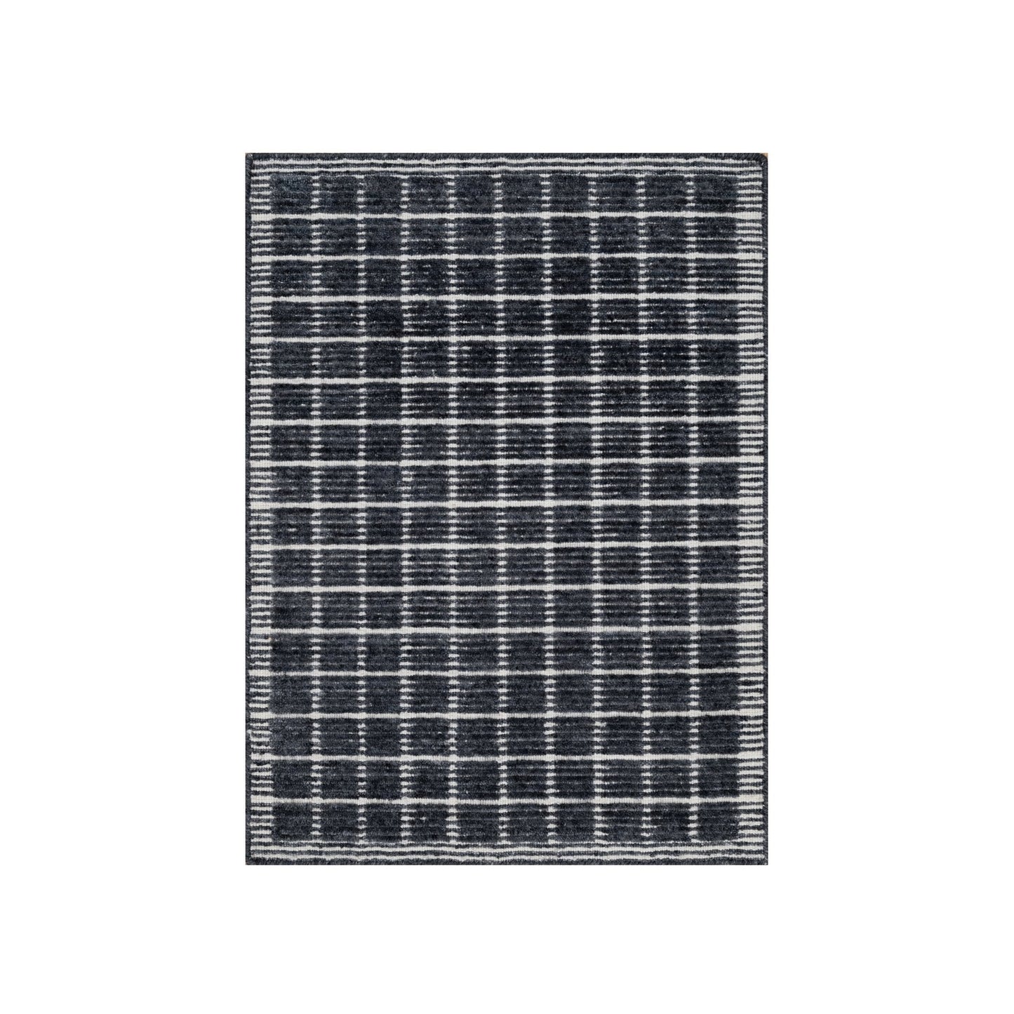 2'3"X3'1" Black Modern Natural Wool Box Design Loomed Knotted Mat Rug