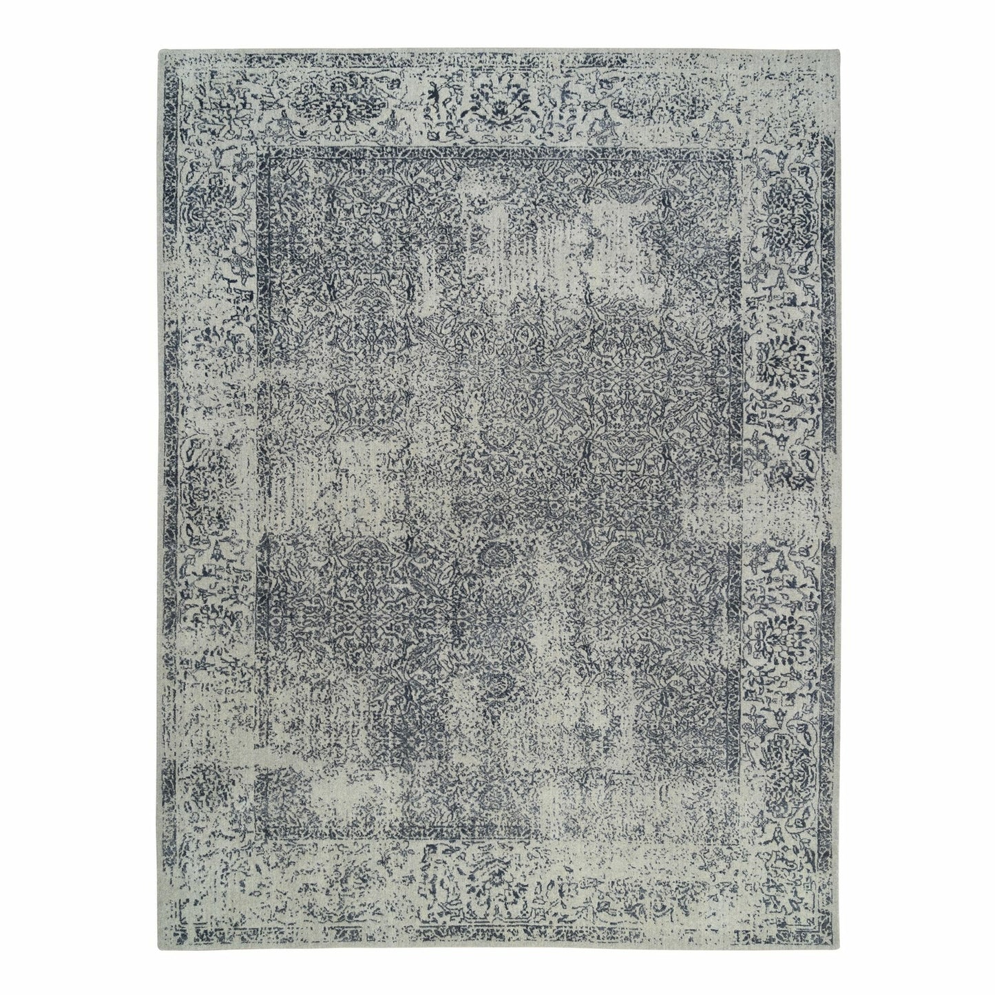 Light Gray Fine Jacquard Wool Silk Hand Loomed Oriental Rug