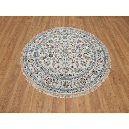 6'X6' Ivory Hand Knotted Nain With Flower Pattern Wool And Silk Round Rug