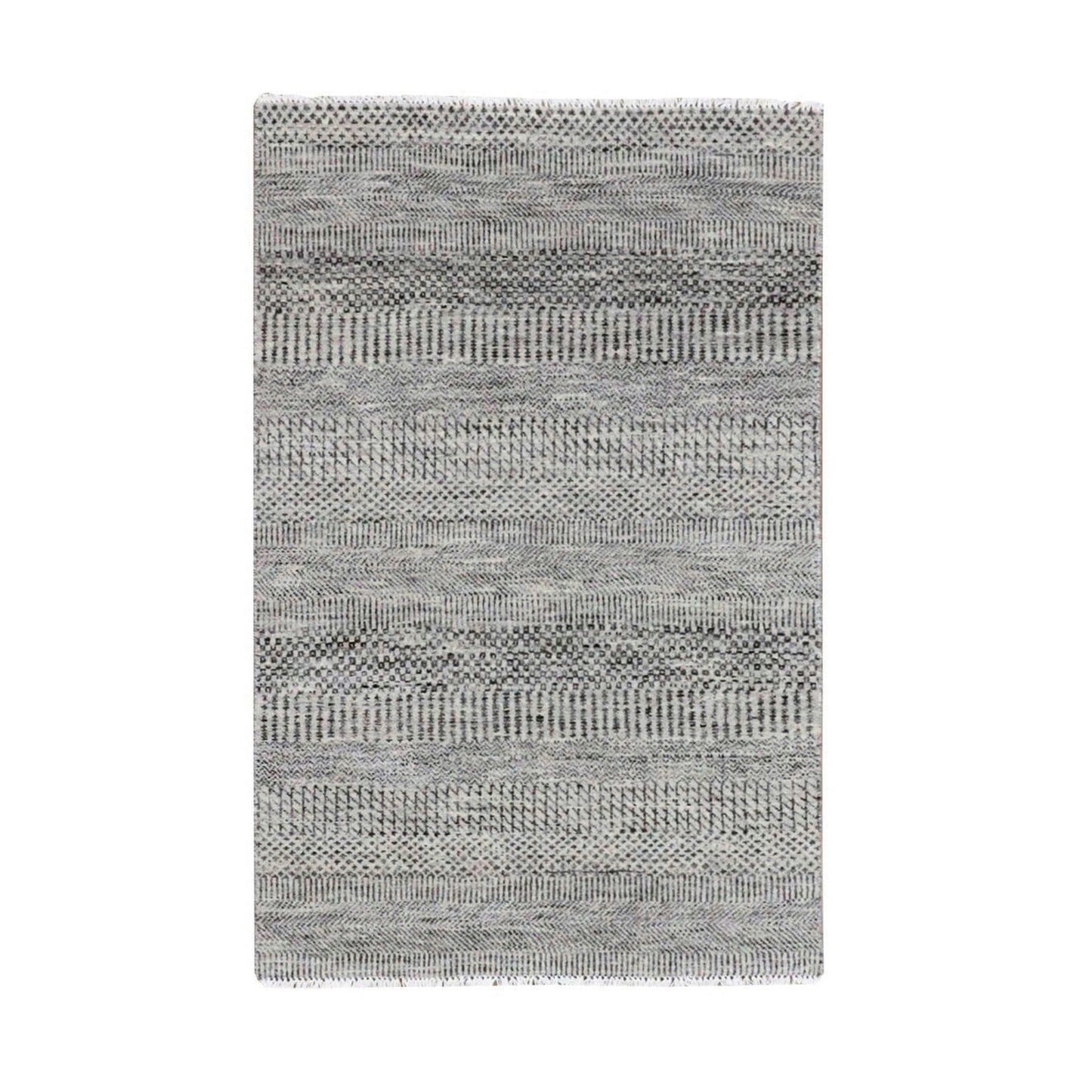 3'X4'9" Storm Gray Undyed Natural Wool Grass Design Hand Knotted Rug