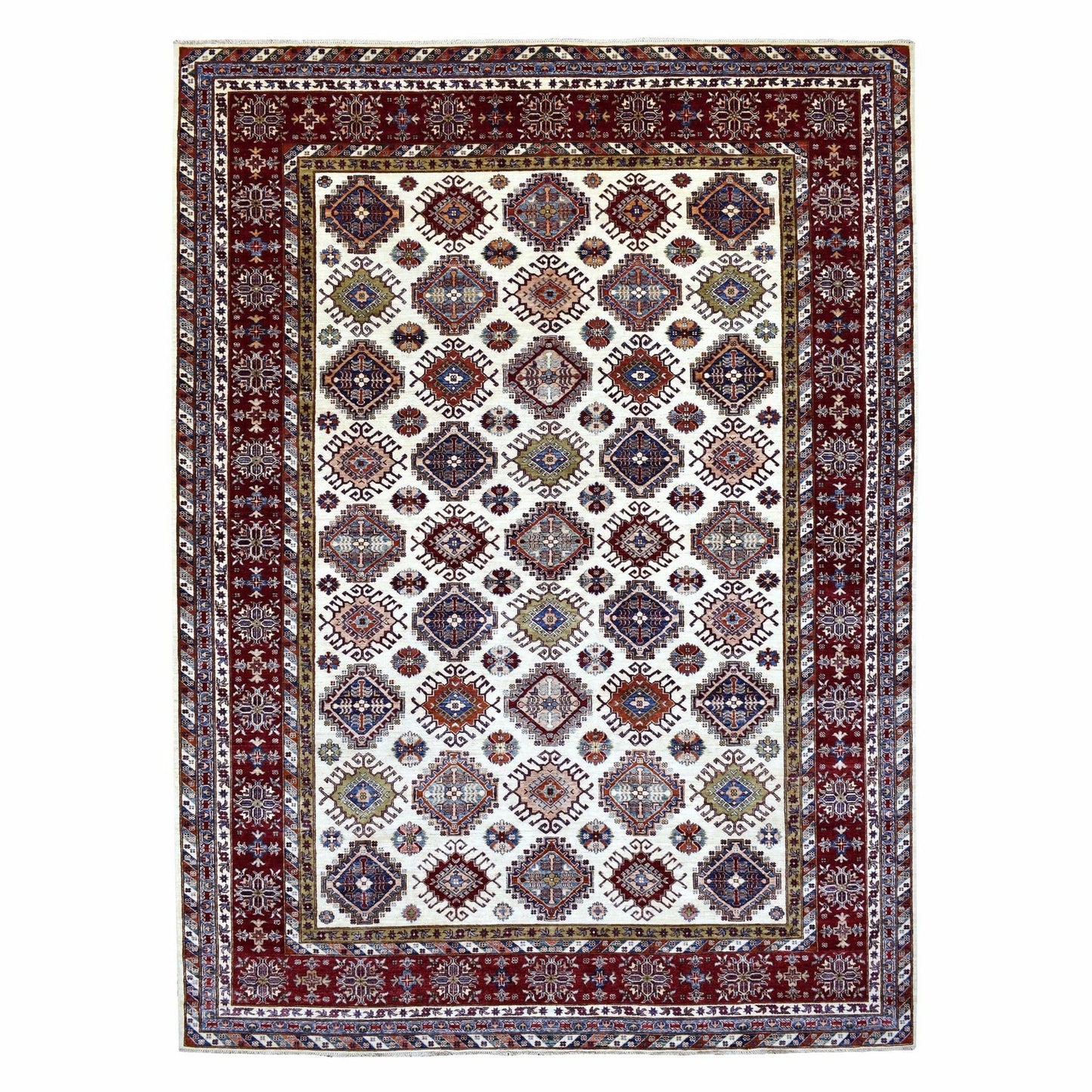 9'1"X12'4" Ivory Super Kazak Repetitive Medallions Wool Hand Knotted Rug