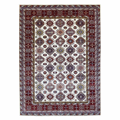 9'1"X12'4" Ivory Super Kazak Repetitive Medallions Wool Hand Knotted Rug