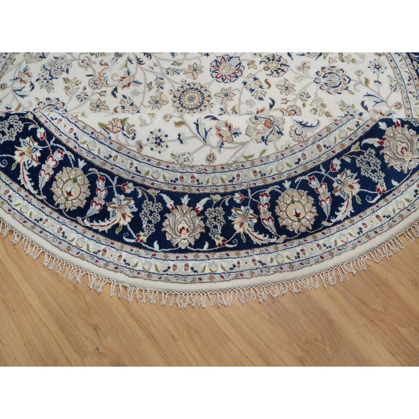 7'9"X7'9" Ivory Wool And Silk Nain Flower Design Hand Knotted Round Rug