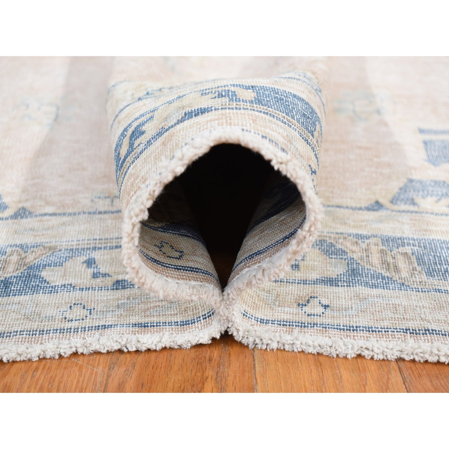 4'7"X7'6" Pink Worn Wool Hand Knotted White Wash Vintage Karman Rug