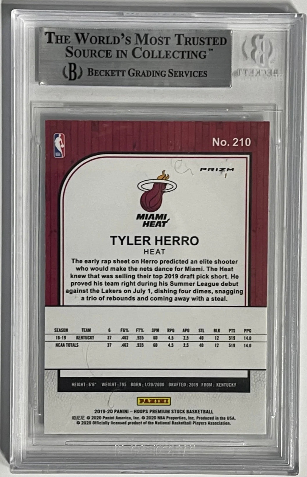 Tyler Herro Autographed 2019-20 Panini Hoops Premium Stock Rookie Card #210 (Bec