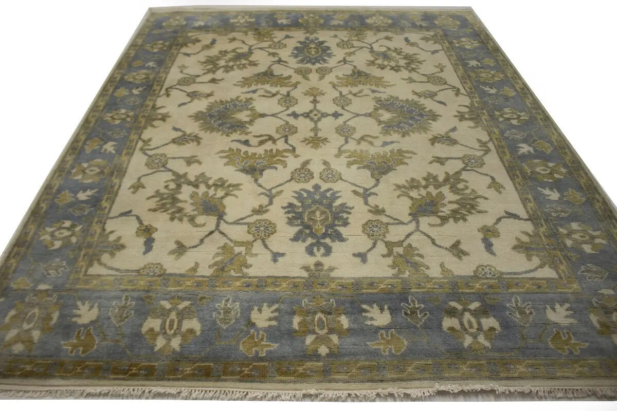 Hand-Knotted Oushak Chobi Wool Rug Cream Floral