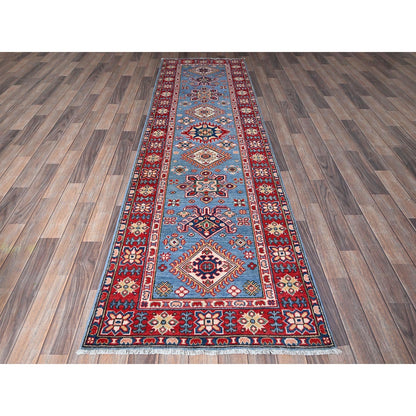 2'9"X9'6" Blue Kazak With Tribal Design Hand Knotted Soft Wool Runner Rug