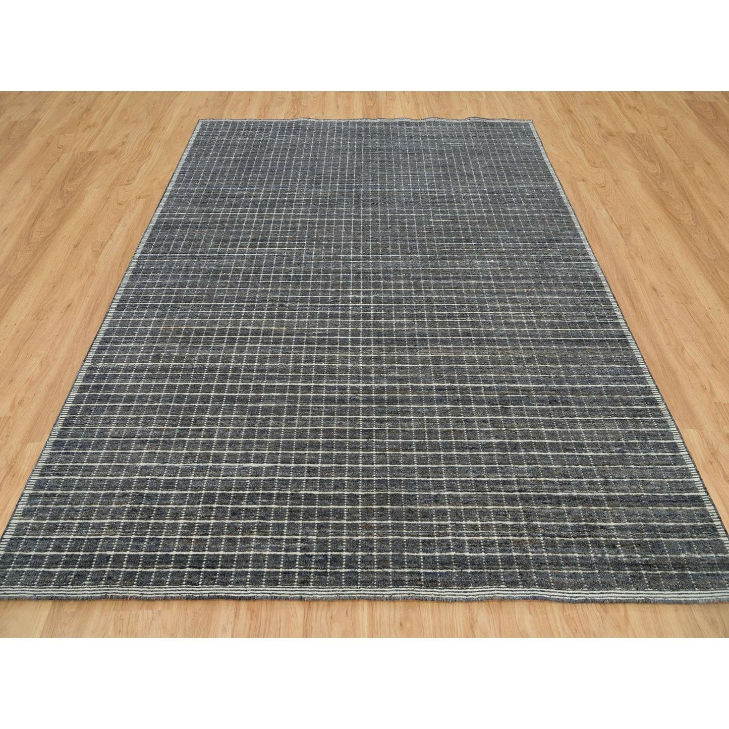 8'X9'10" Davy Gray Modern Wool Box Design Plain Loomed Knotted Rug