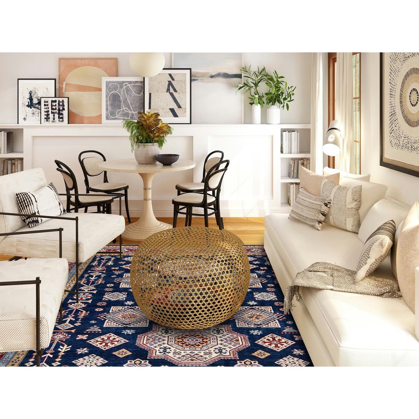 8'X9'10" Navy Afghan Special Kazak Geometric Design Wool Hand Knotted Rug