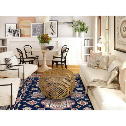 8'X9'10" Navy Afghan Special Kazak Geometric Design Wool Hand Knotted Rug