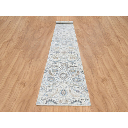 2'6"X18'1" Ivory Silk/Wool Hand Knotted Sickle Leaf Design Xl Runner Rug