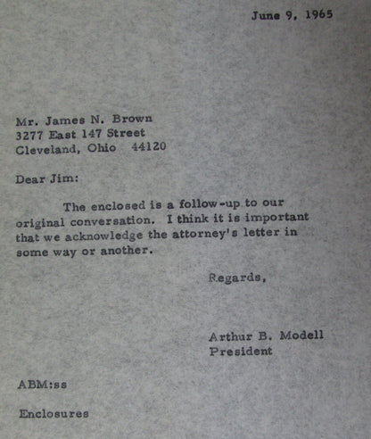 1965 Letters To And From Art Modell About Jim Brown Picture Lawsuit 145103