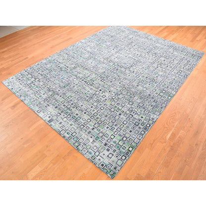 9'X12'3" Gray Silk With Wool Psefas Square Design Hand Knotted Rug