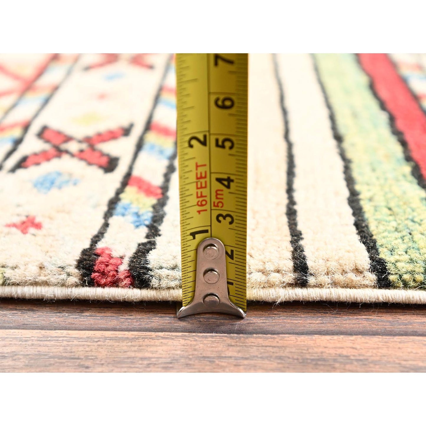 2'10"X13' Ivory Kazak With Geometric Pattern Hand Knotted Wool Runner Rug