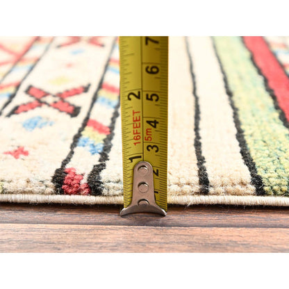 2'10"X13' Ivory Kazak With Geometric Pattern Hand Knotted Wool Runner Rug