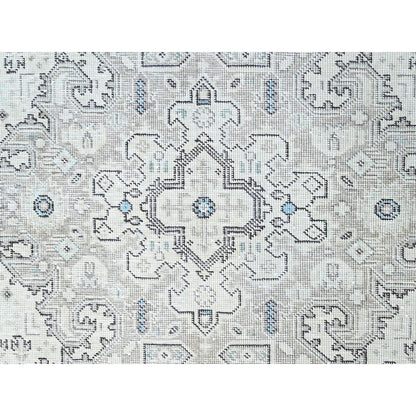 6'5"X9'1" Ivory Zoroastrian Secured Distressed Oriental Wool Rug