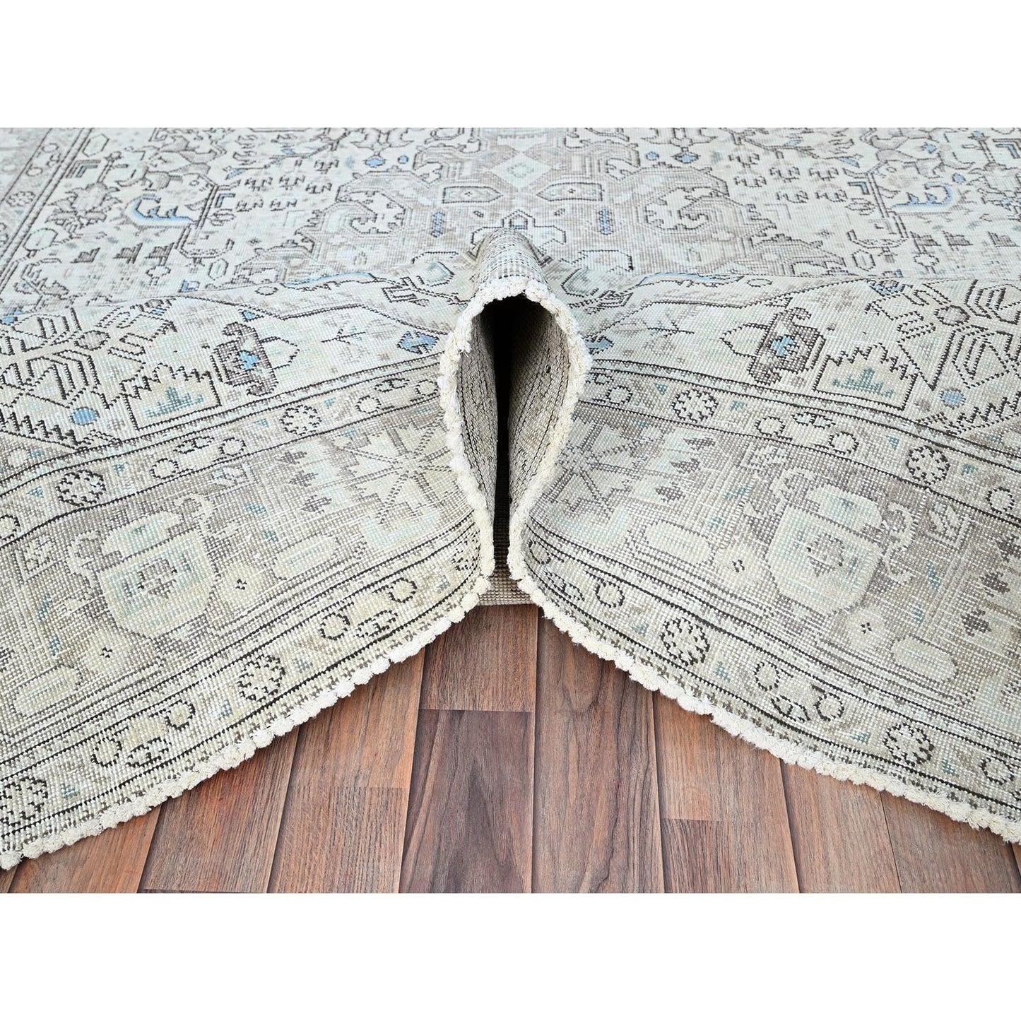 6'5"X9'1" Ivory Zoroastrian Secured Distressed Oriental Wool Rug