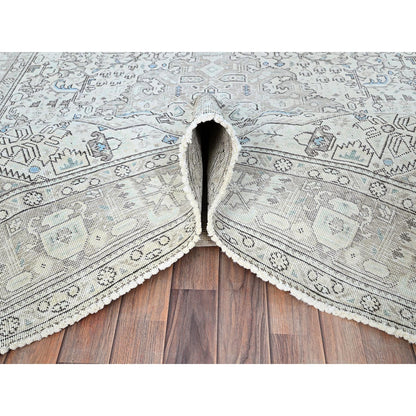 6'5"X9'1" Ivory Zoroastrian Secured Distressed Oriental Wool Rug