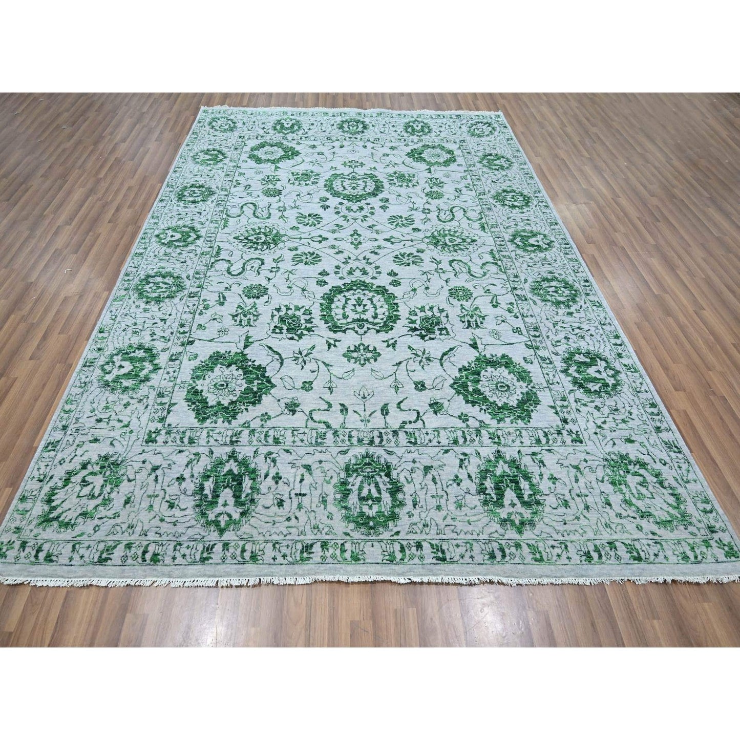 8'X10'1" White & Green Zoroastrian Influence Design Wool Hand Knotted Rug