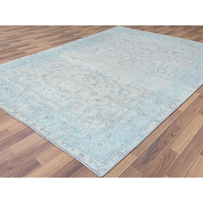 6'6"X9'7" Hand Knotted Ivory Vintage Farsian Karman Worn Wool Rug