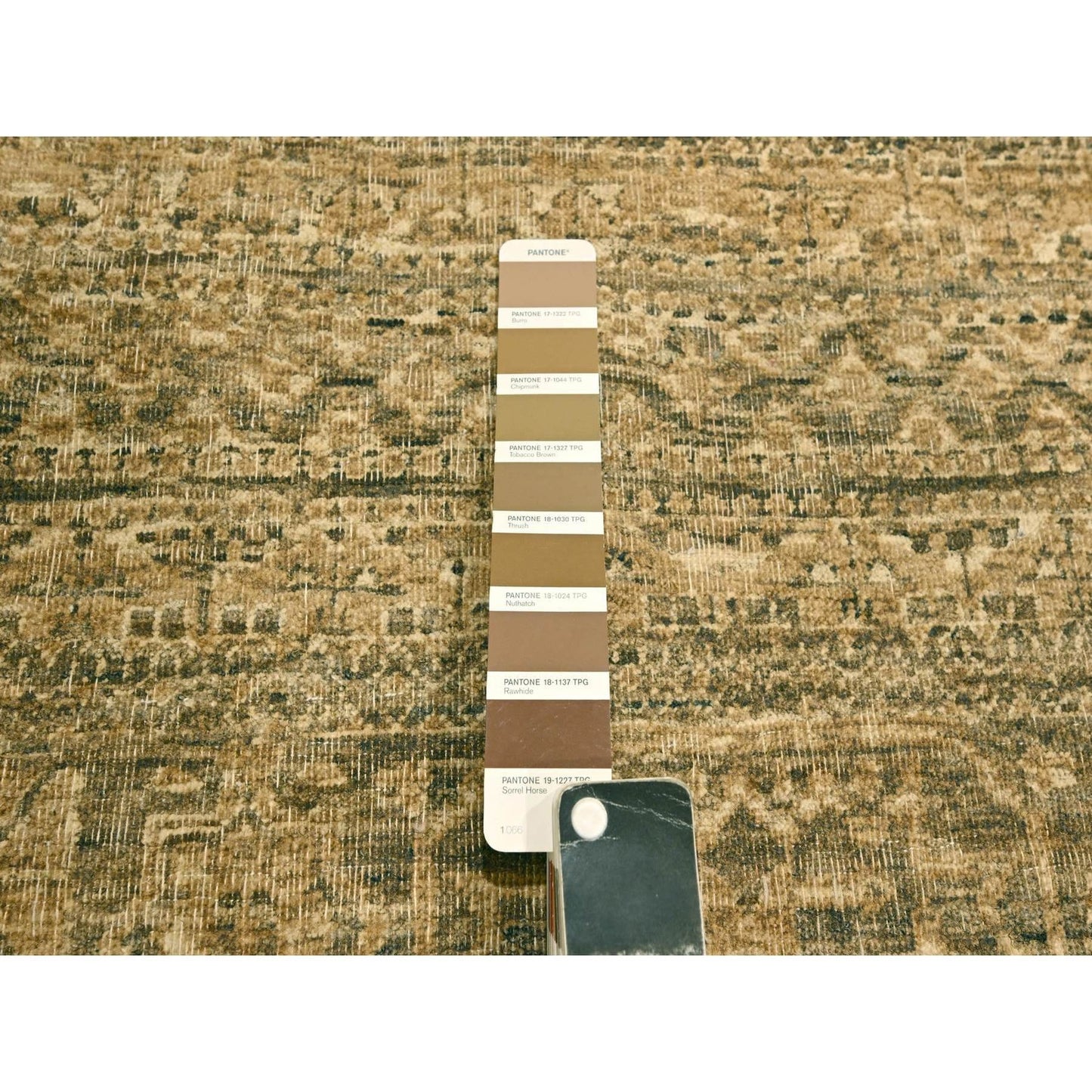 10'X13'8" Brown Mamluk Design Hand Knotted Wool Zero Pile Shaved Low Rug