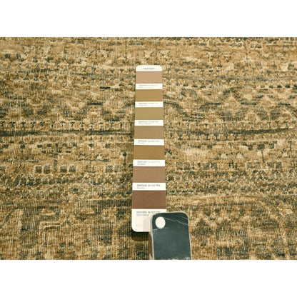 10'X13'8" Brown Mamluk Design Hand Knotted Wool Zero Pile Shaved Low Rug
