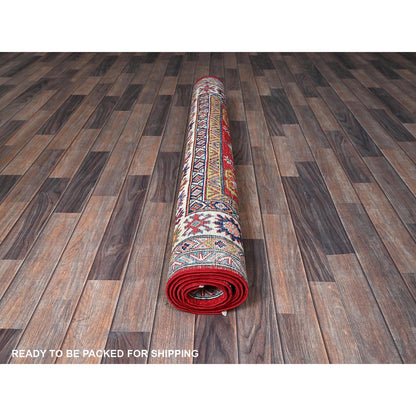 4'10"X7' Red Kazak With Geometric Medallions Design Hand Knotted Wool Rug