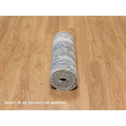 2'7"X10'2" Yale Blue Abstract Design Wool & Silk Hand Knotted Runner Rug