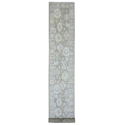 3'X19'10" Green Hand Knotted Angora Oushak Leaf Design Wool Runner Rug