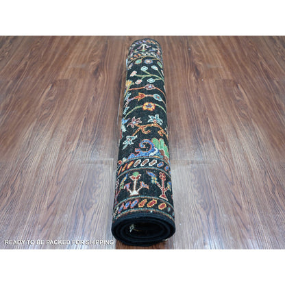 2'8"x4' Black Hand Knotted Sultani Floral Pattern Wool Sample Mat Rug