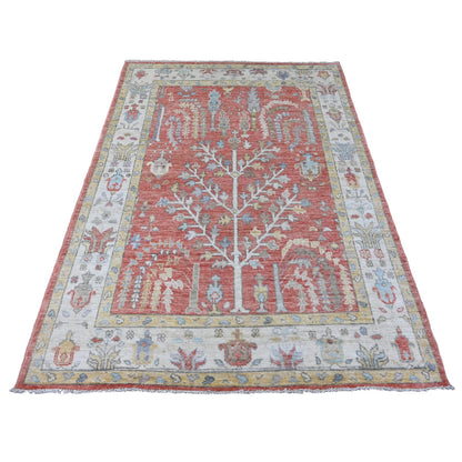 5'X6'10" Red Hand Knotted Afghan Angora Oushak Tree Design 100% Wool Rug