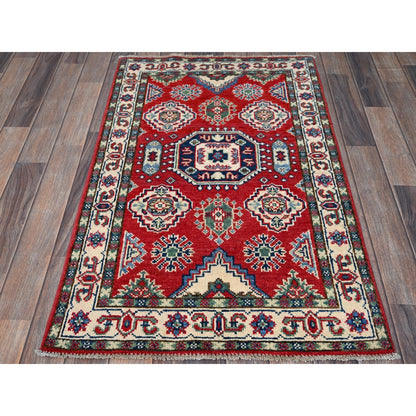 2'6"X4' Berry Red Kazak With Tribal Motifs Hand Knotted Soft Wool Mat Rug
