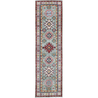 2'7"X9'3" Green Kazak With Geometric Design Wool Hand Knotted Runner Rug