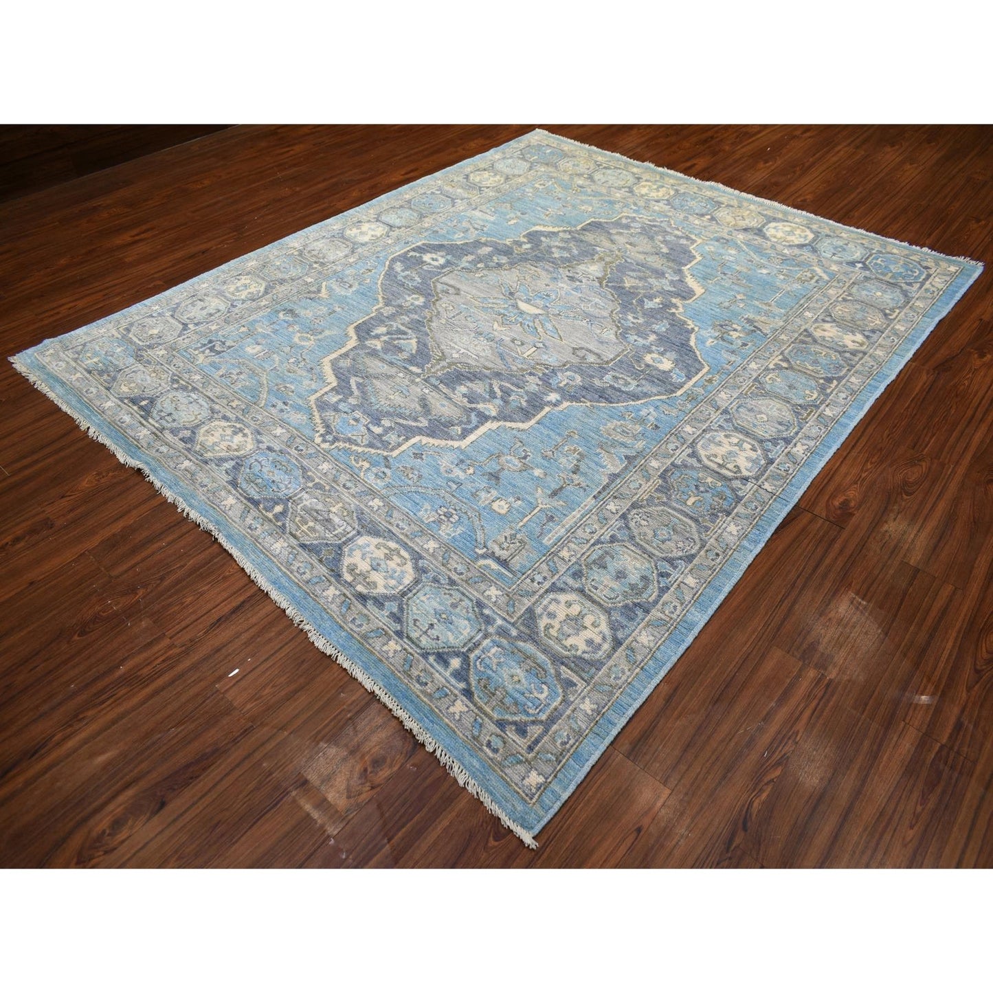 8'X9'6" Blue Hand Knotted Anatolian Village Inspired Wool Rug