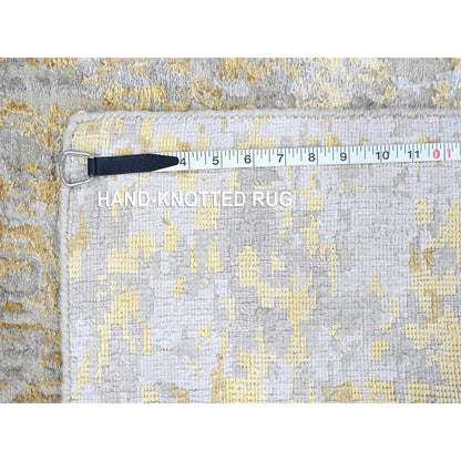 2'6"X9'9" Beige Abstract Design Wool And Silk Hand Knotted Runner Rug