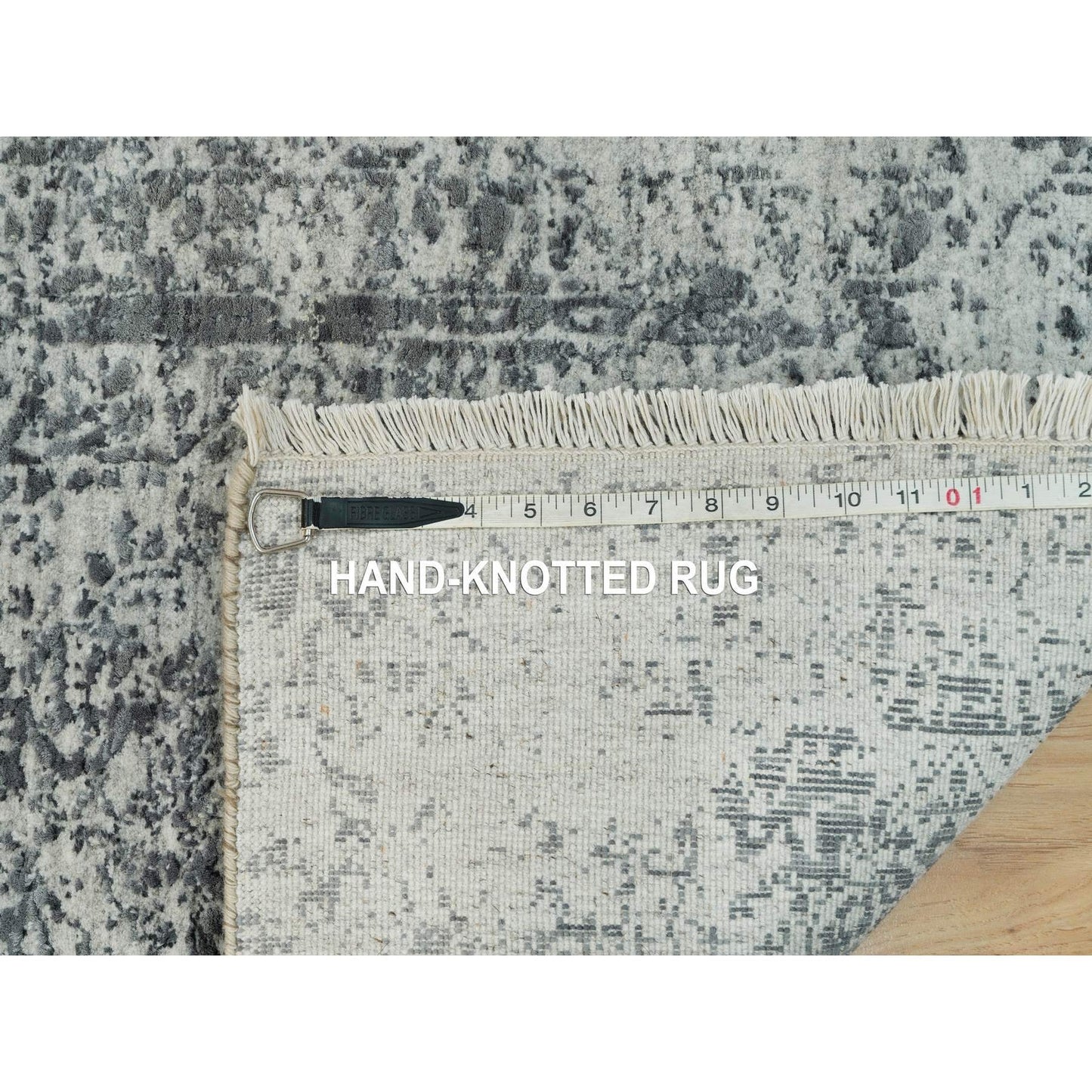 2'X3' Gray Broken Hand Knotted Zoroastrian Design Wool And Silk Mat Rug