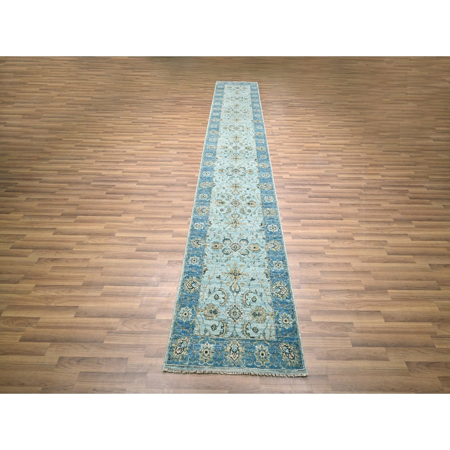 2'6"X14' Blue Shah Abbas Flower Design Pure Wool Hand Knotted Runner Rug