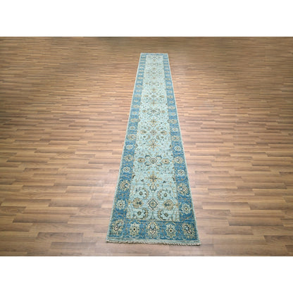 2'6"X14' Blue Shah Abbas Flower Design Pure Wool Hand Knotted Runner Rug