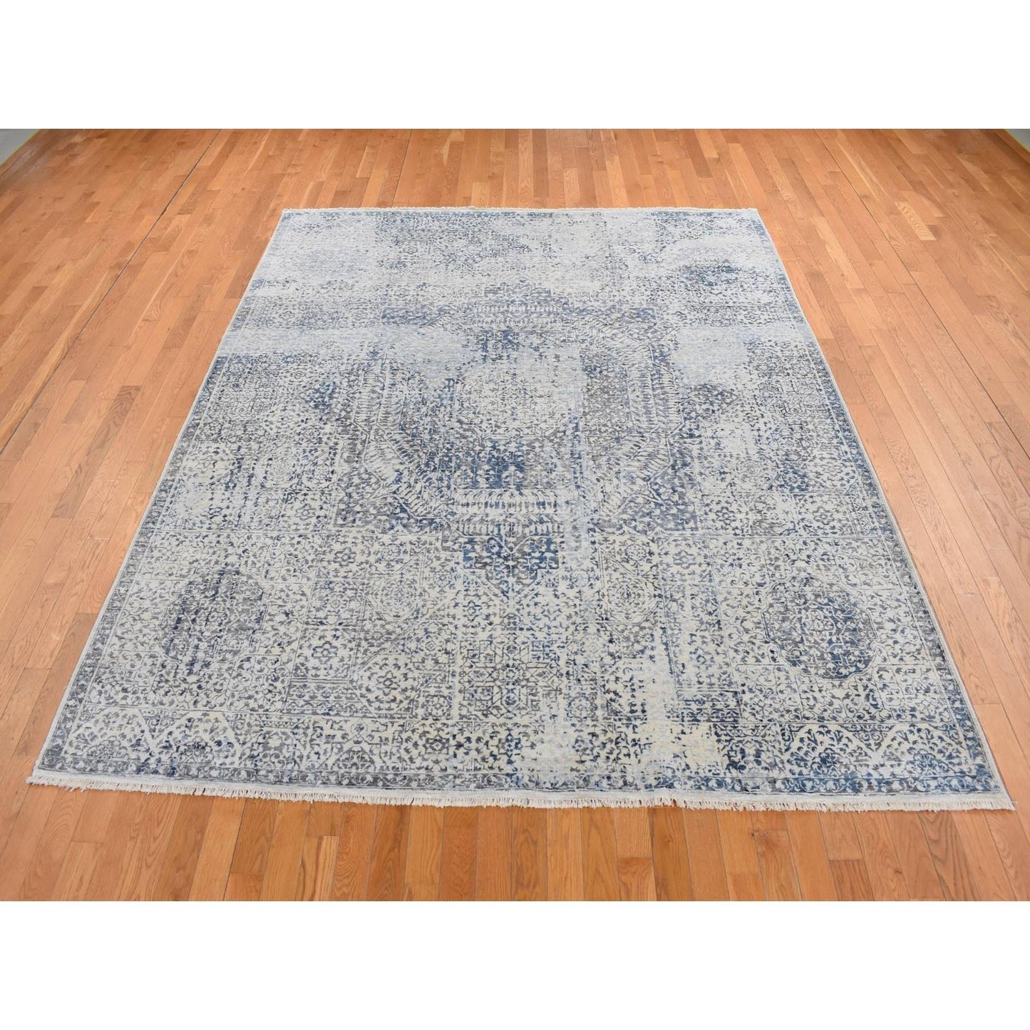 8'3"X10'2" Gray Silk Broken And Erased Design Vintage Hand Knotted Rug