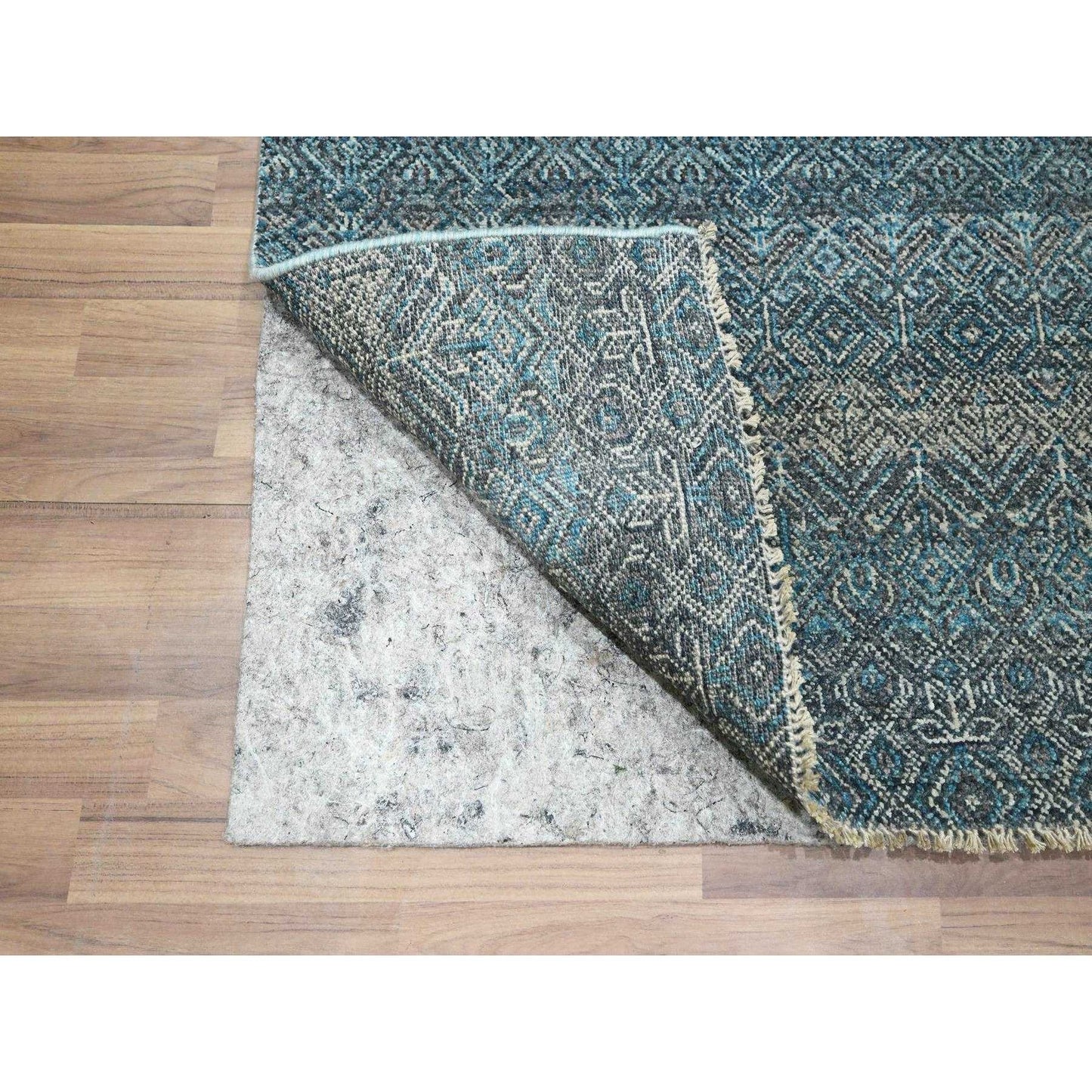 2'6"X7'8" Blue Hand Knotted Small Geometric Design Soft Wool Runner Rug
