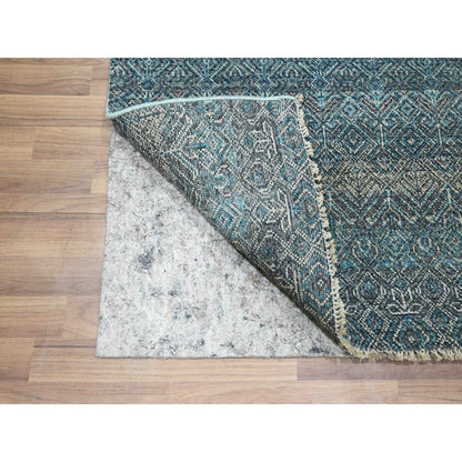 2'6"X7'8" Blue Hand Knotted Small Geometric Design Soft Wool Runner Rug