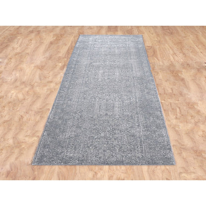2'5"X12'2" Gray Fine Jacquard Hand Loomed Runner Wool And Art Silk Rug