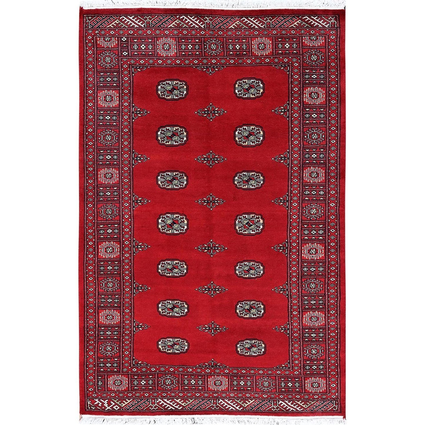4'1"X6'3" Red Princess Bokara Tribal Medallions Soft Wool Hand Knotted Rug