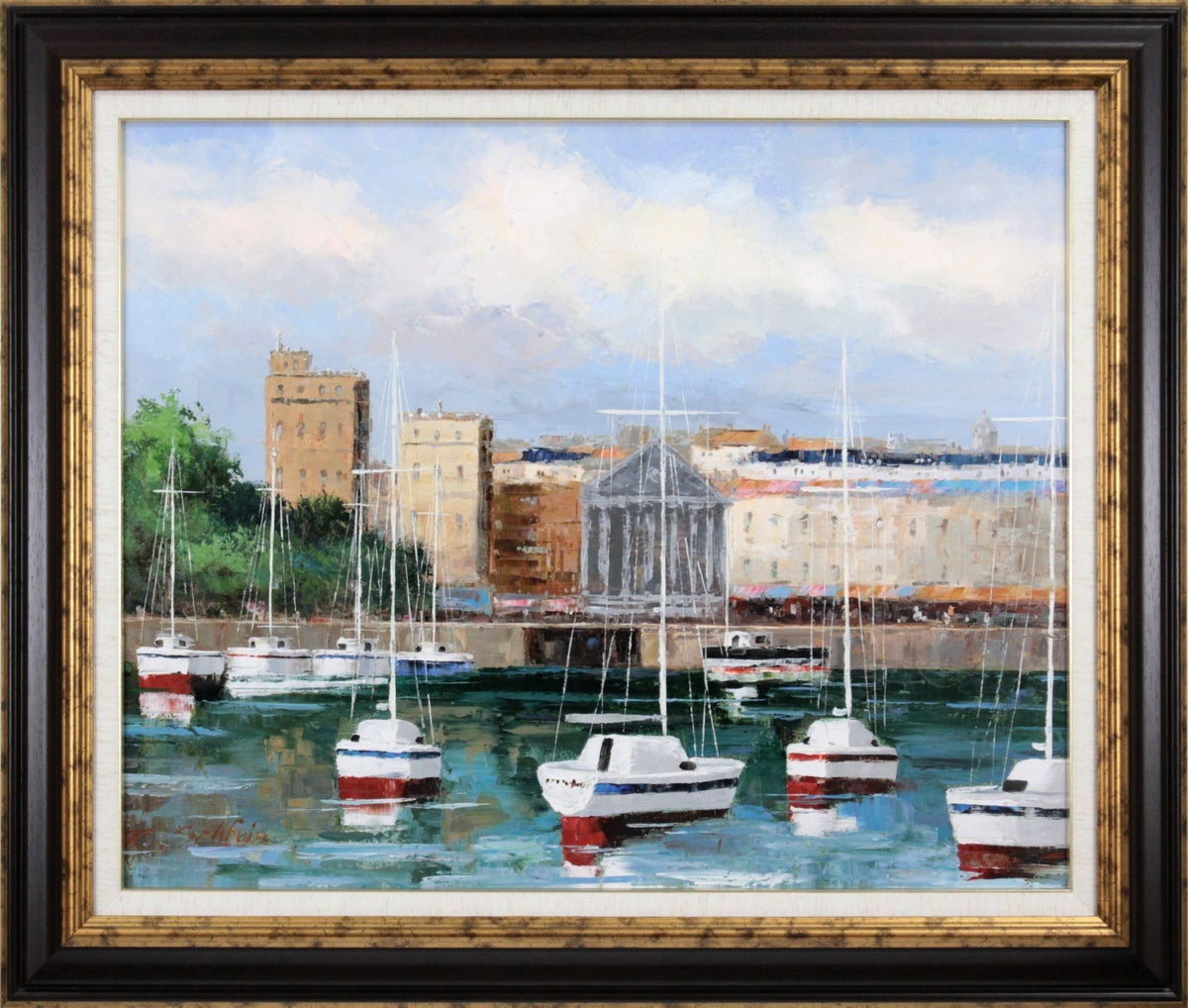 Ralf Schfrin French Marina Harbor Oil Painting Signed Framed F15 Canvas