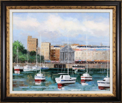 Ralf Schfrin French Marina Harbor Oil Painting Signed Framed F15 Canvas