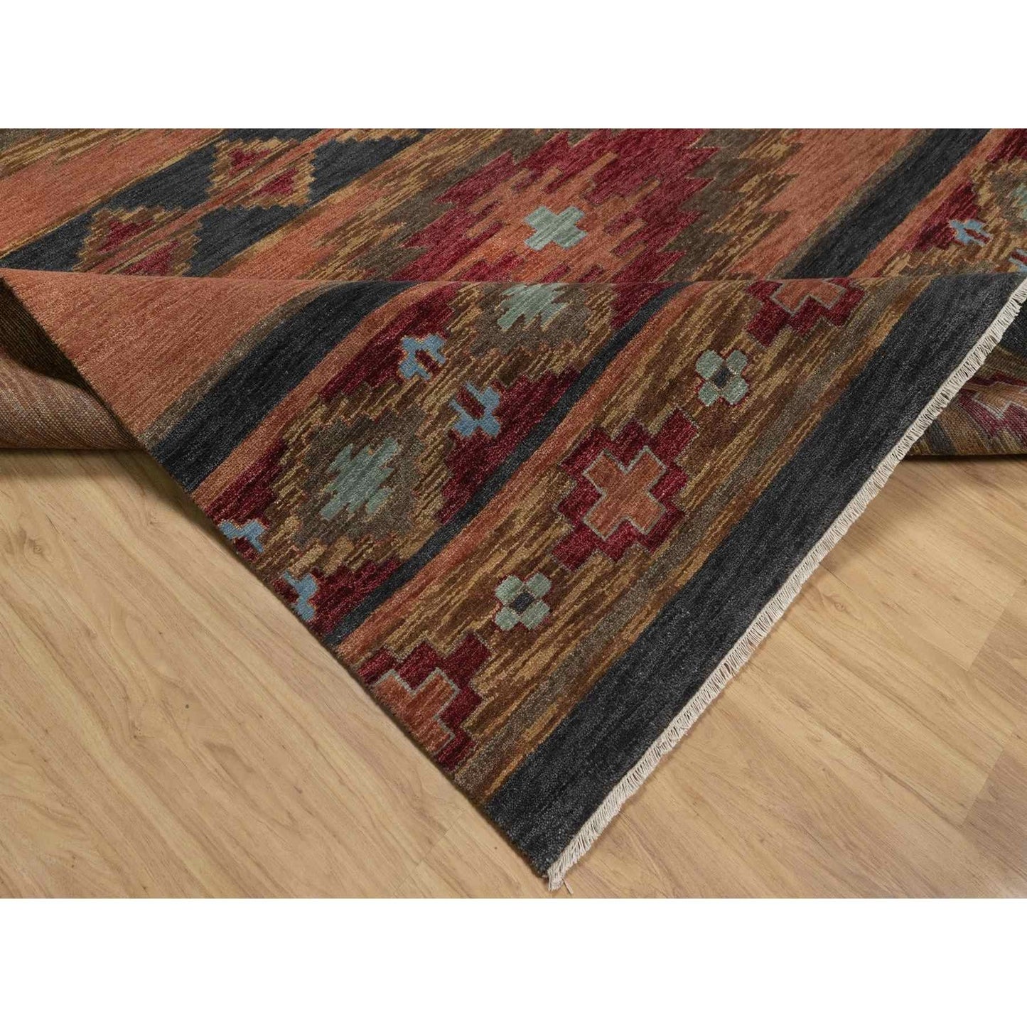 9'1"X12'1" Senna Brown Southwestern Design Hand Knotted Pure Wool Rug