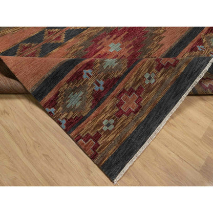 9'1"X12'1" Senna Brown Southwestern Design Hand Knotted Pure Wool Rug