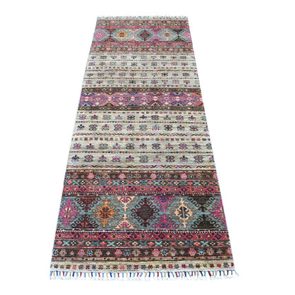 2'9"X7'10" Hand Knotted Beige Super Kazak Khorjin Design Wool Runner Rug