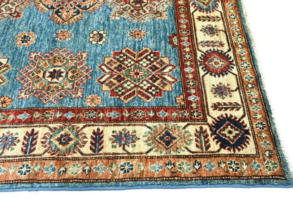 Tribal Geometric Kazak Area Rug Blue Farmho Boho